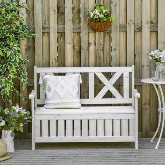 A White Solid Wooden Garden Bench with Storage Space, Waterproof and Rainproof, Equipped with a Backrest and Armrests